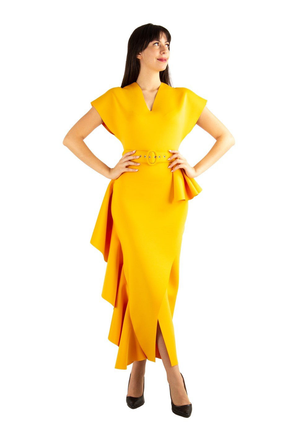 Draped Maxi Scuba Dress With Belt - Mustard