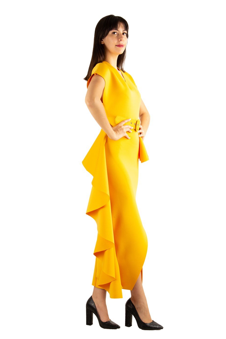Draped Maxi Scuba Dress With Belt - Mustard