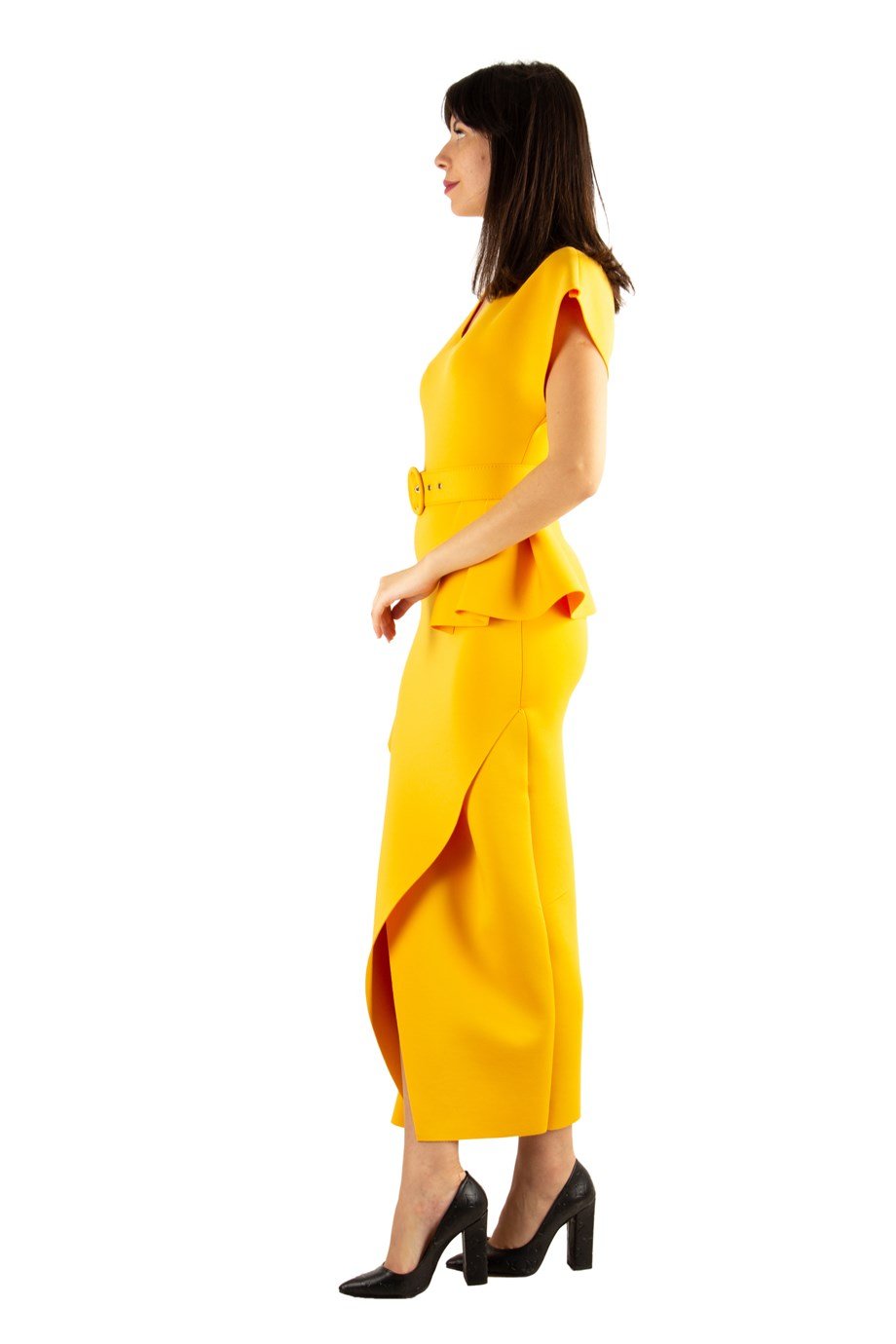Draped Maxi Scuba Dress With Belt - Mustard
