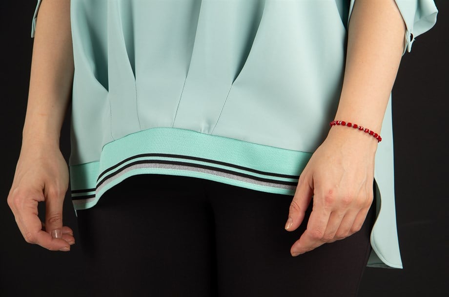 Elastic Bant Detail Pleated Printed Big Size Blouse - Mint Green