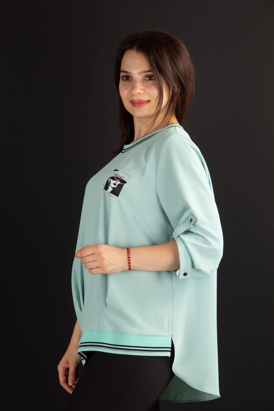Elastic Bant Detail Pleated Printed Big Size Blouse - Mint Green