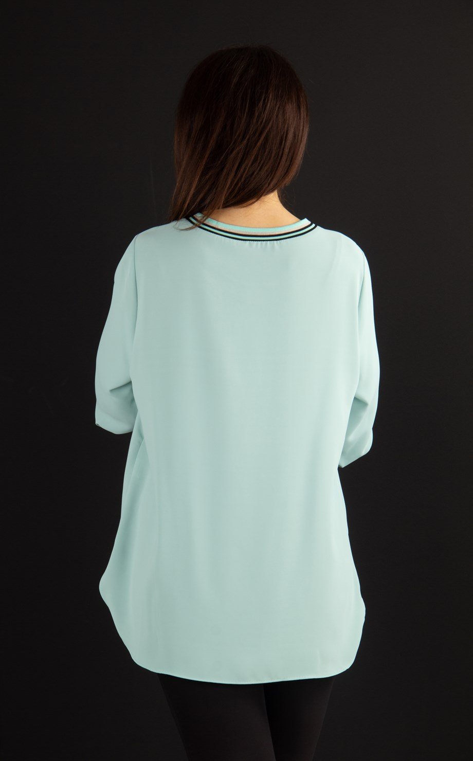 Elastic Bant Detail Pleated Printed Big Size Blouse - Mint Green