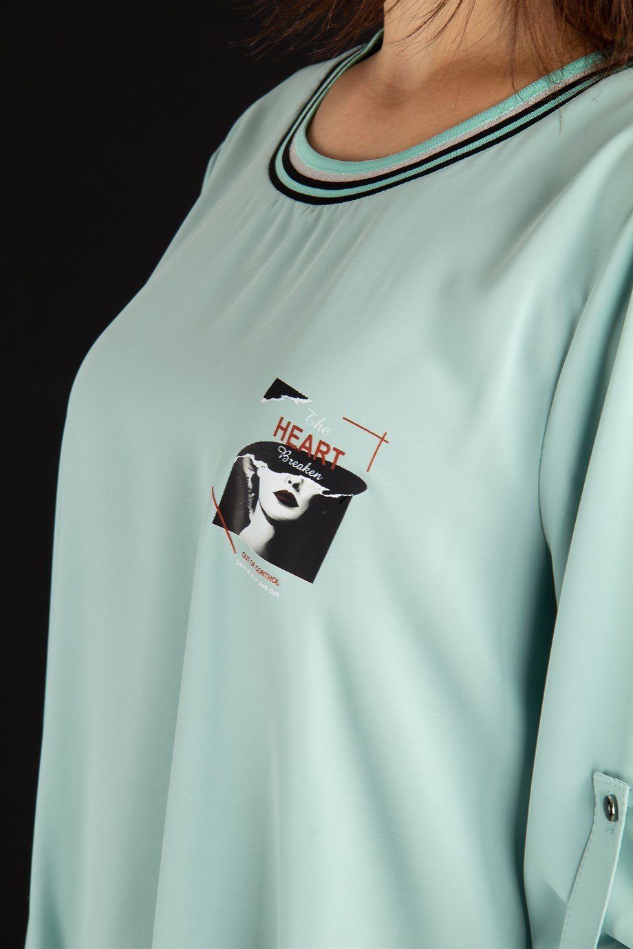 Elastic Bant Detail Pleated Printed Big Size Blouse - Mint Green