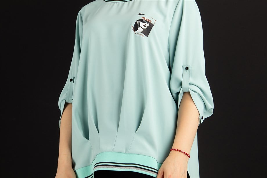 Elastic Bant Detail Pleated Printed Big Size Blouse - Mint Green