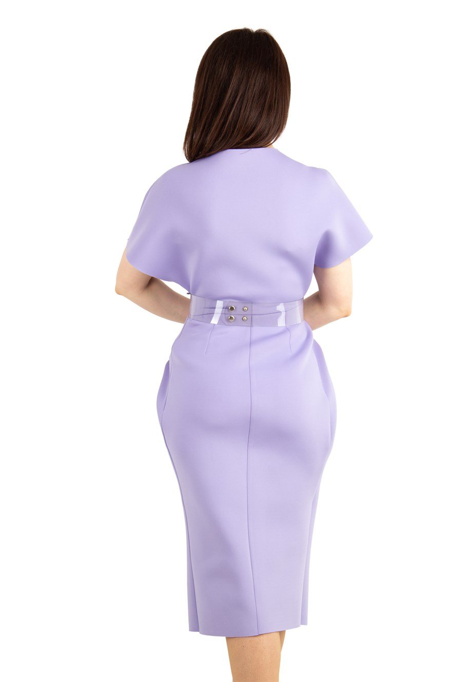 Elegant V Neck Wrap Scuba Slit Big Size Dress with Belt - Lilac