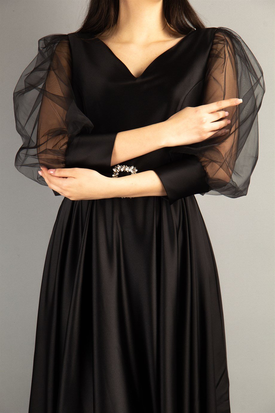 Flare V-Neck Puffed Tulle Sleeves Stylish Maxi Dress With Belt - Black
