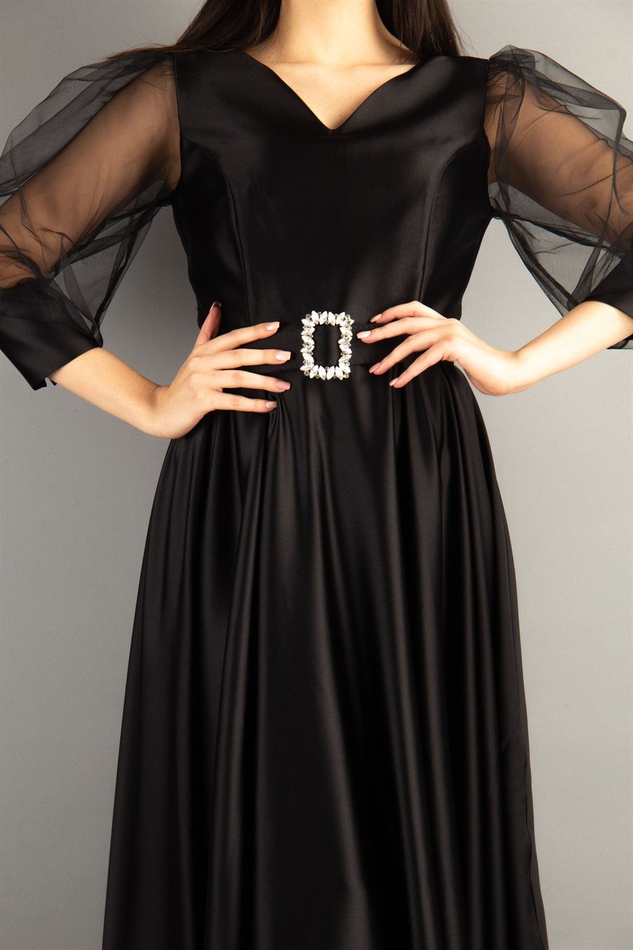 Flare V-Neck Puffed Tulle Sleeves Stylish Maxi Dress With Belt - Black