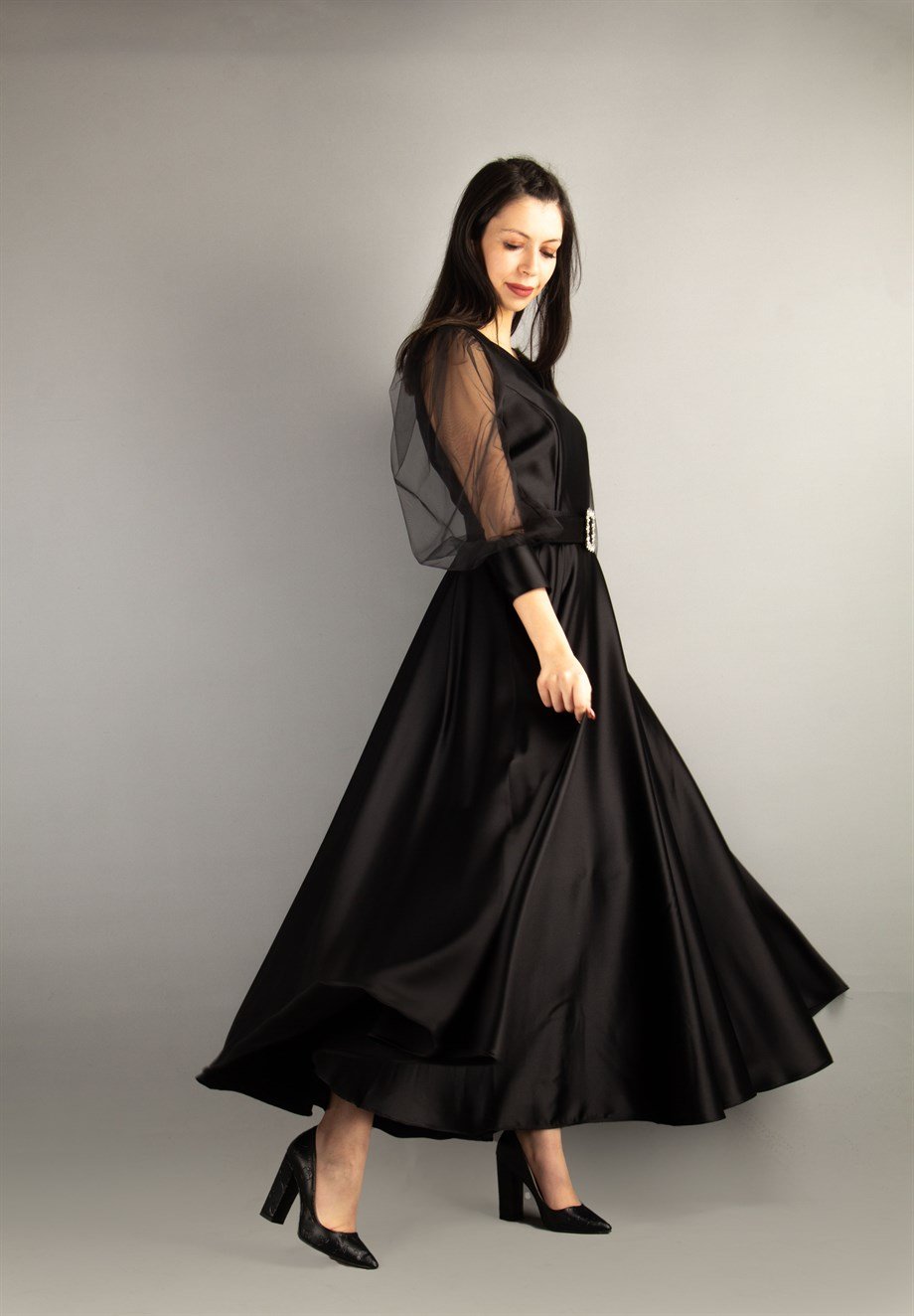 Flare V-Neck Puffed Tulle Sleeves Stylish Maxi Dress With Belt - Black