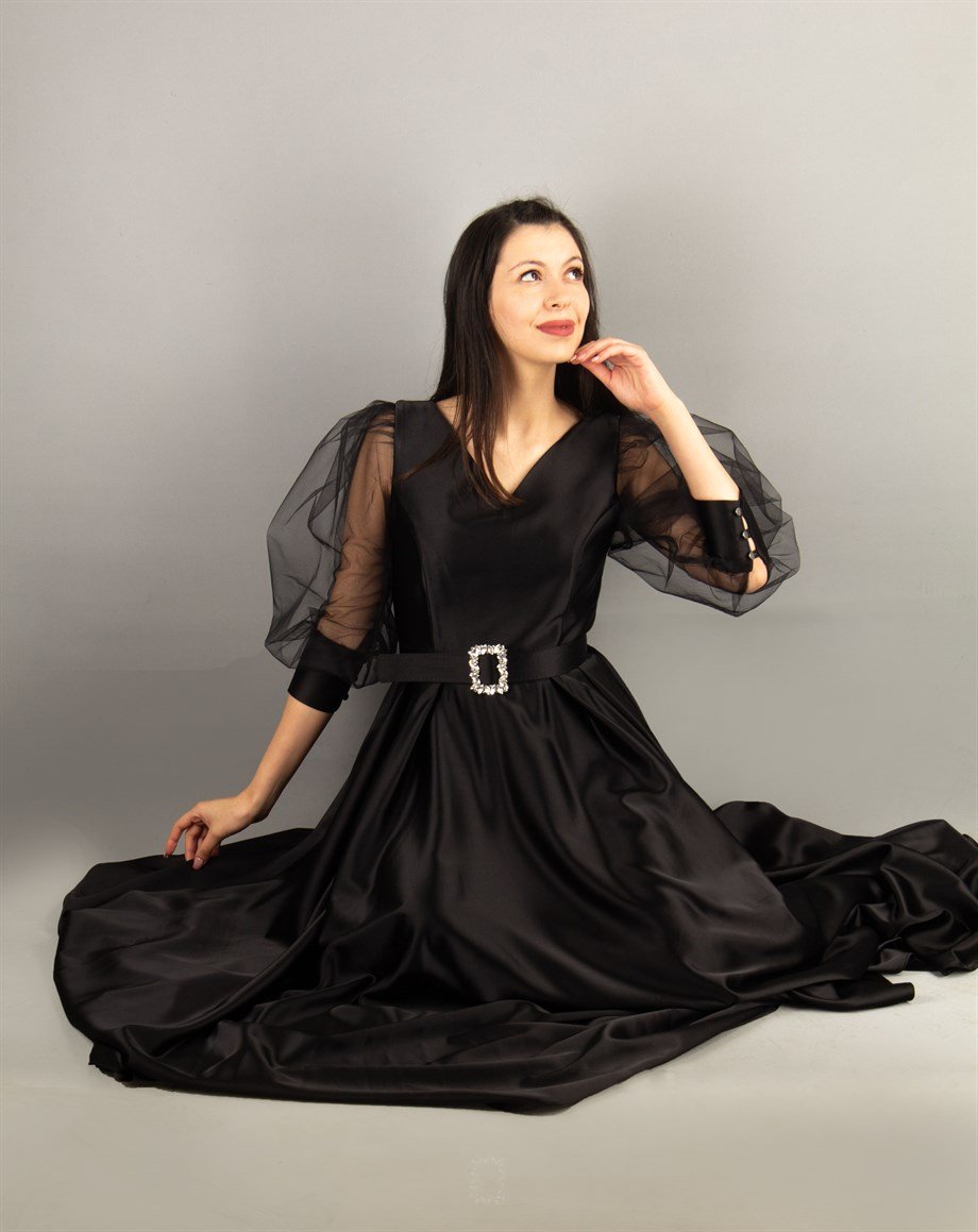 Flare V-Neck Puffed Tulle Sleeves Stylish Maxi Dress With Belt - Black