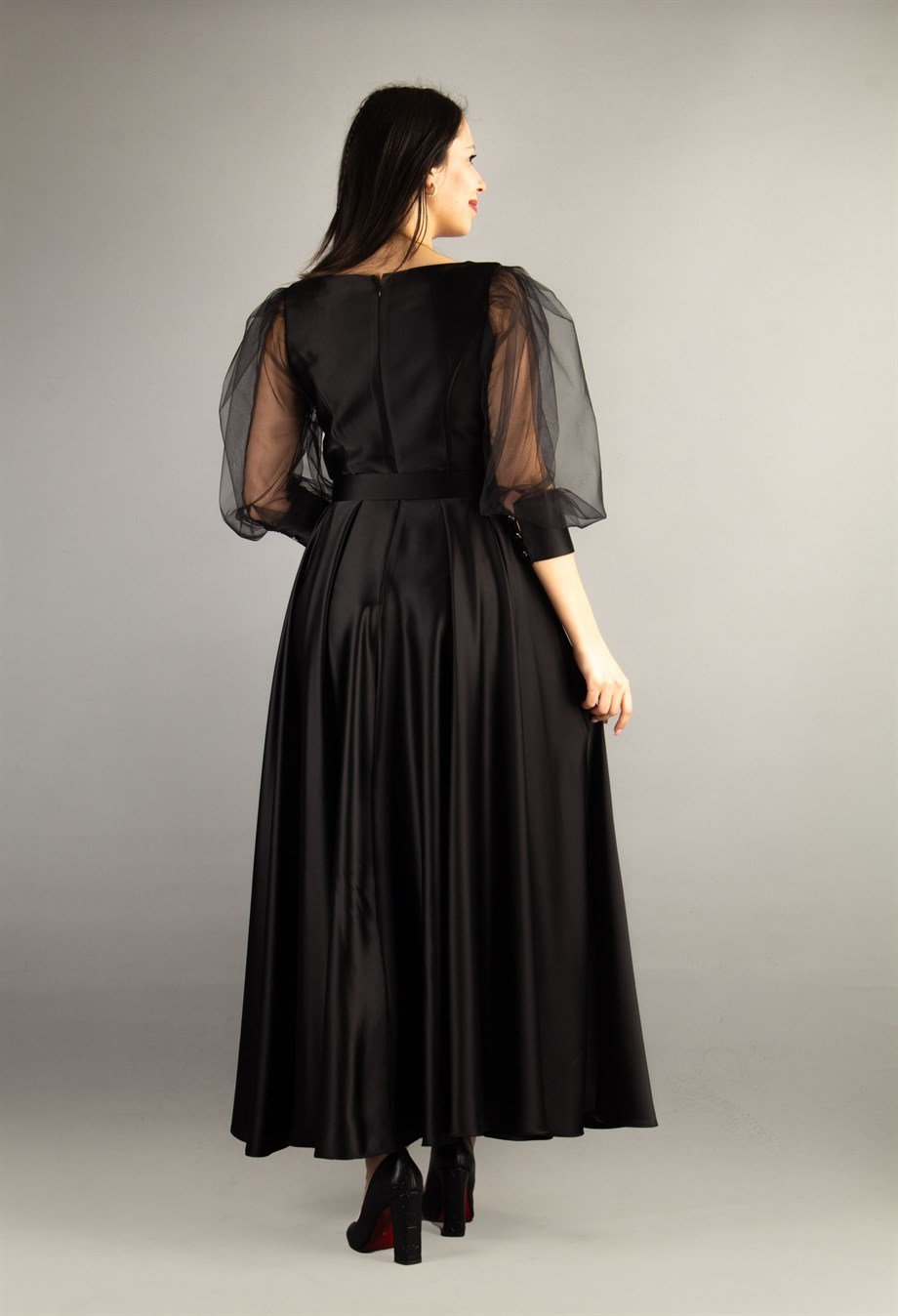 Flare V-Neck Puffed Tulle Sleeves Stylish Maxi Dress With Belt - Black