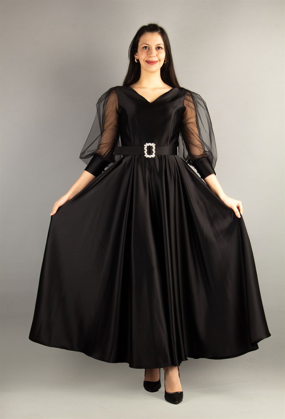 Flare V-Neck Puffed Tulle Sleeves Stylish Maxi Dress With Belt - Black