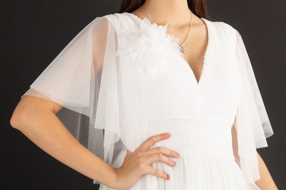 Flared Tulle Low-Cut Ruffled Sleeve Maxi Dress - White
