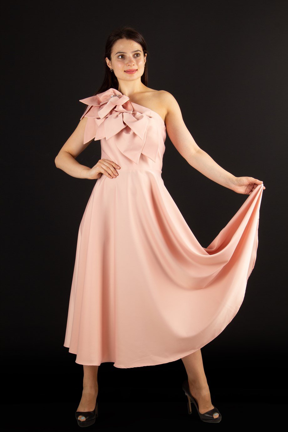 Flower and Diamond  Detail One Shoulder Satin Dress - Powder