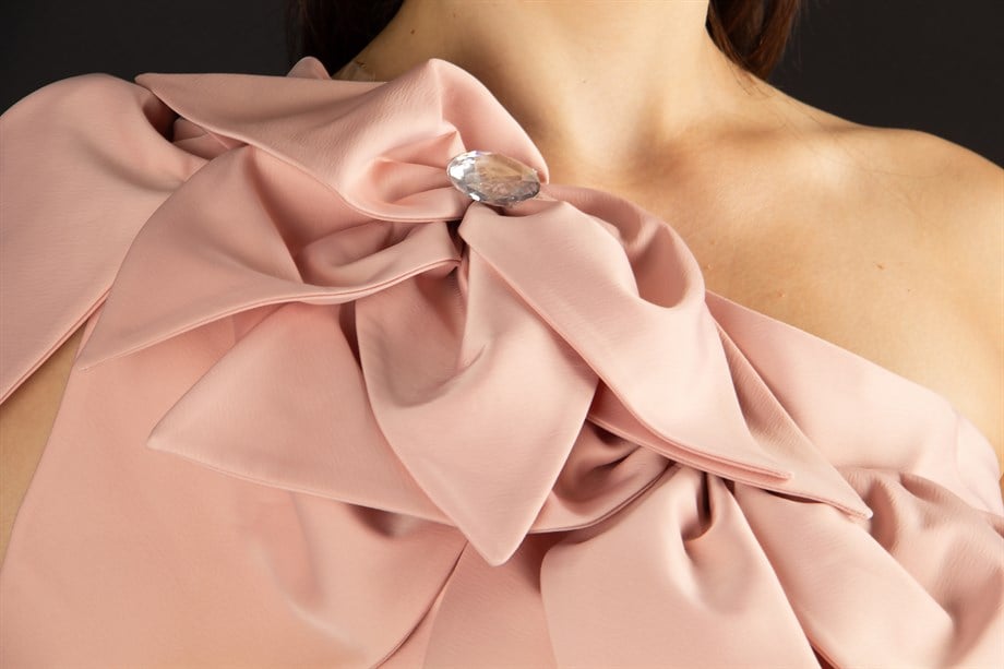 Flower and Diamond  Detail One Shoulder Satin Dress - Powder