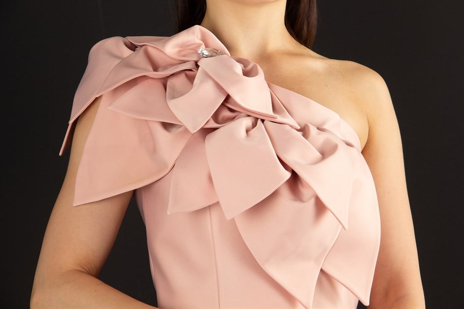 Flower and Diamond  Detail One Shoulder Satin Dress - Powder