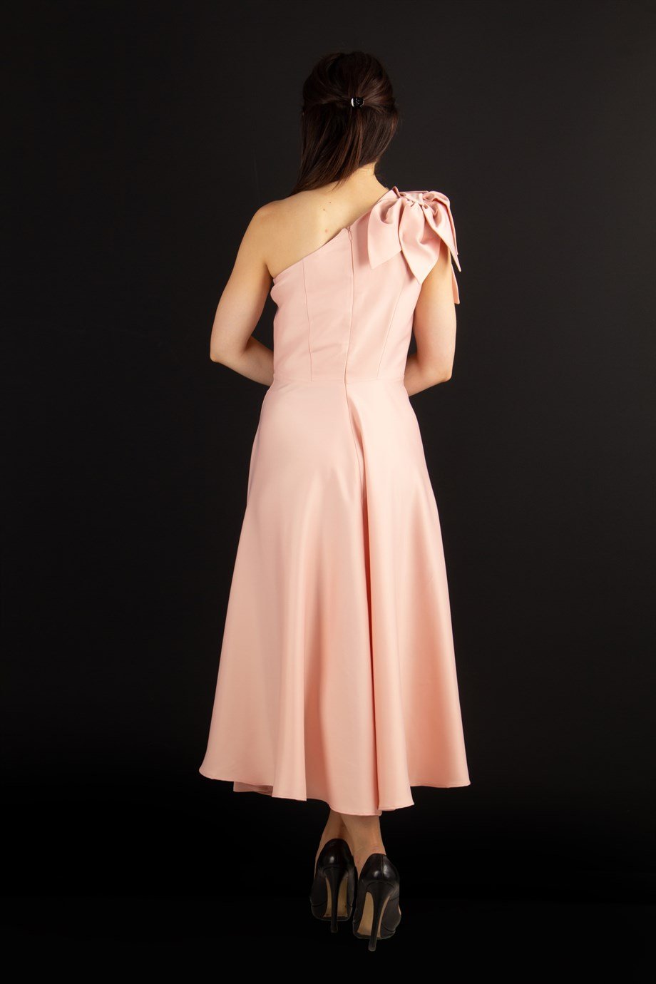 Flower and Diamond  Detail One Shoulder Satin Dress - Powder