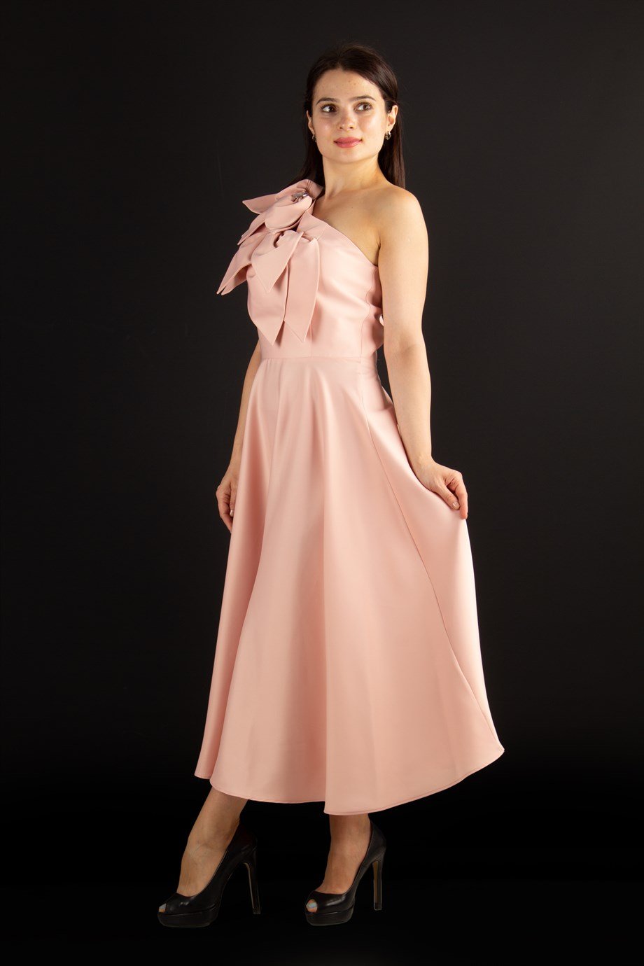Flower and Diamond  Detail One Shoulder Satin Dress - Powder
