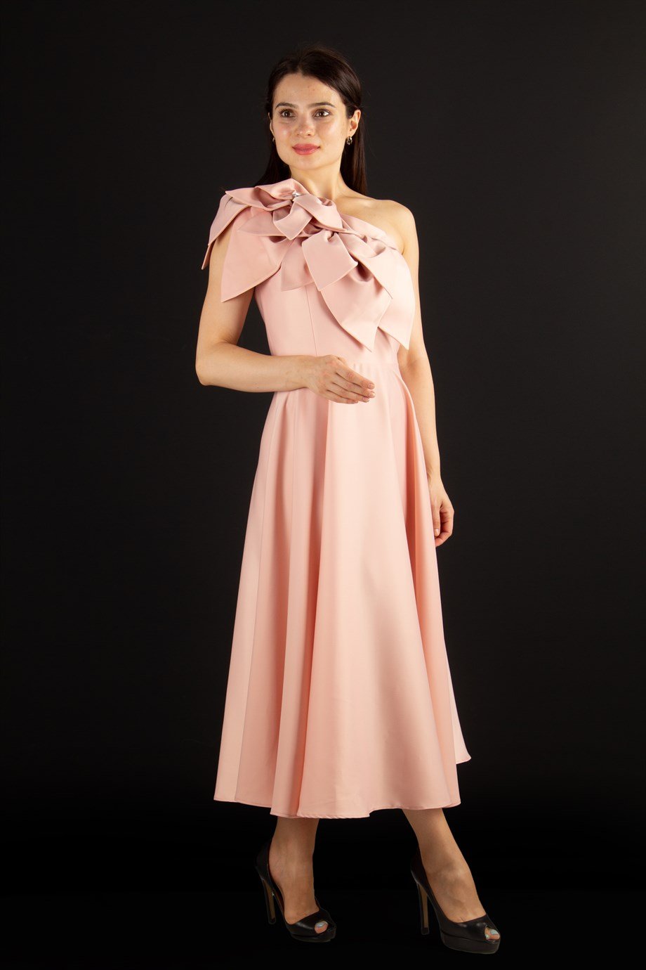 Flower and Diamond  Detail One Shoulder Satin Dress - Powder