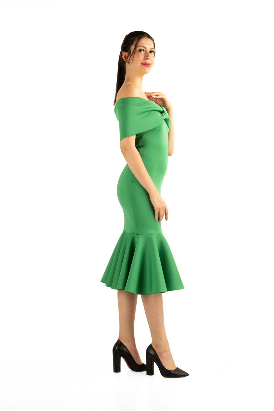 Folded Bow Neck Off Shoulder Ruffle Hem Scuba Dress - Grass Green