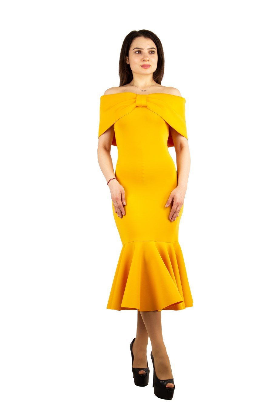 Folded Bow Neck Off Shoulder Ruffle Hem Scuba Dress - Mustard