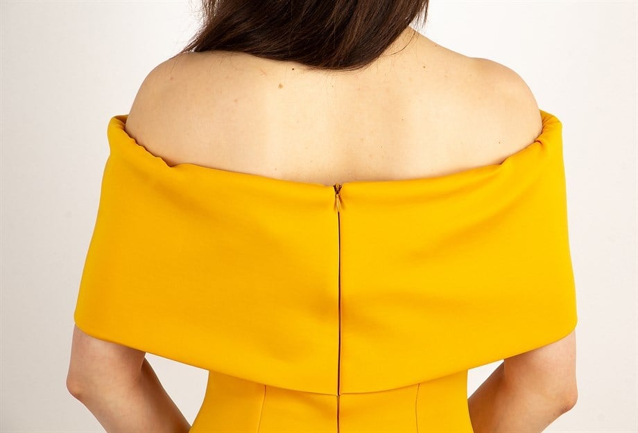 Folded Bow Neck Off Shoulder Ruffle Hem Scuba Dress - Mustard
