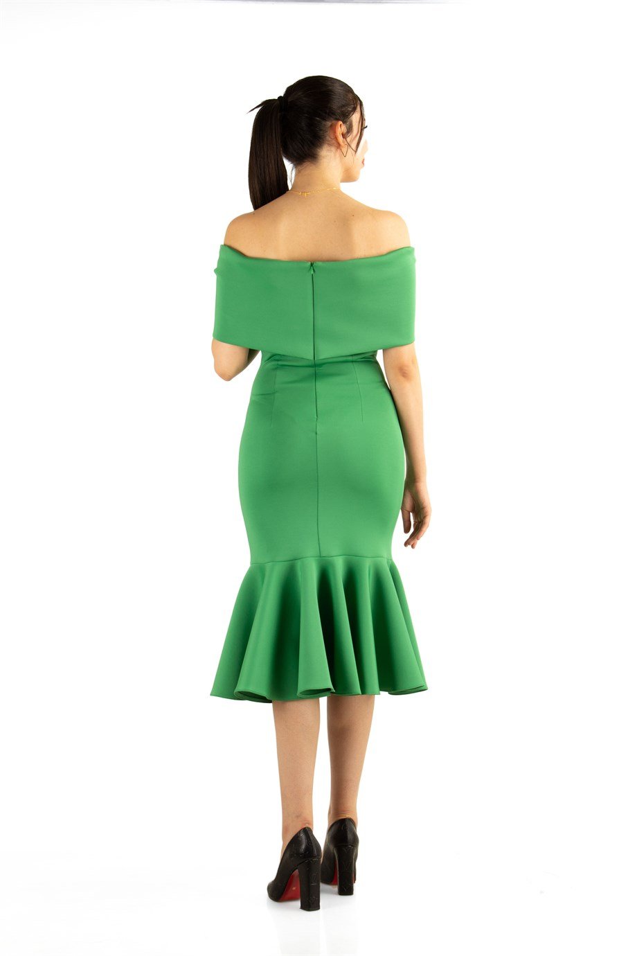 Folded Bow Neck Off Shoulder Ruffle Hem Scuba Dress - Grass Green