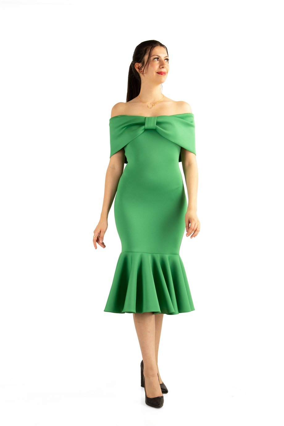 Folded Bow Neck Off Shoulder Ruffle Hem Scuba Dress - Grass Green