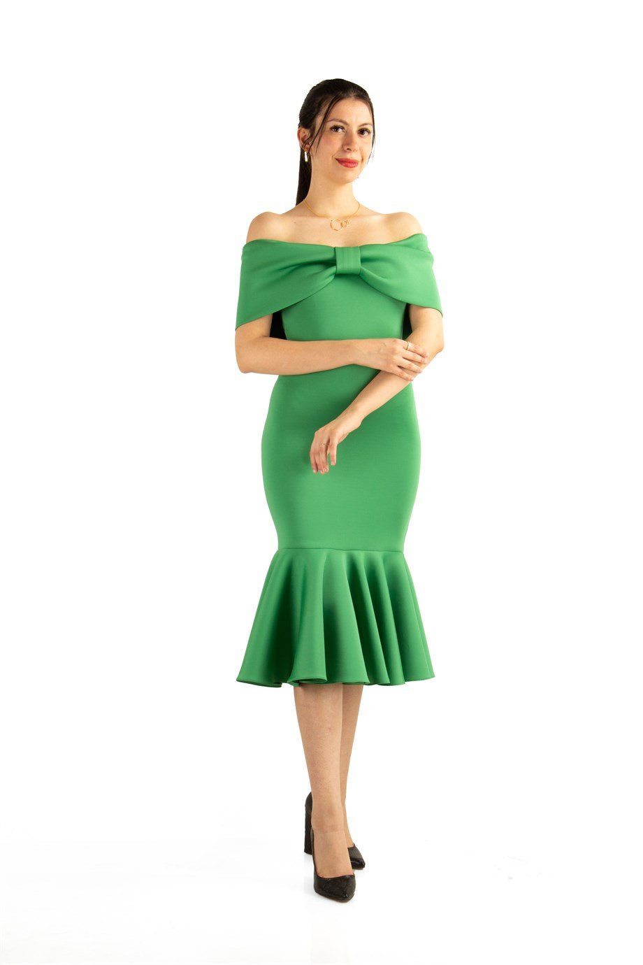 Folded Bow Neck Off Shoulder Ruffle Hem Scuba Dress - Grass Green