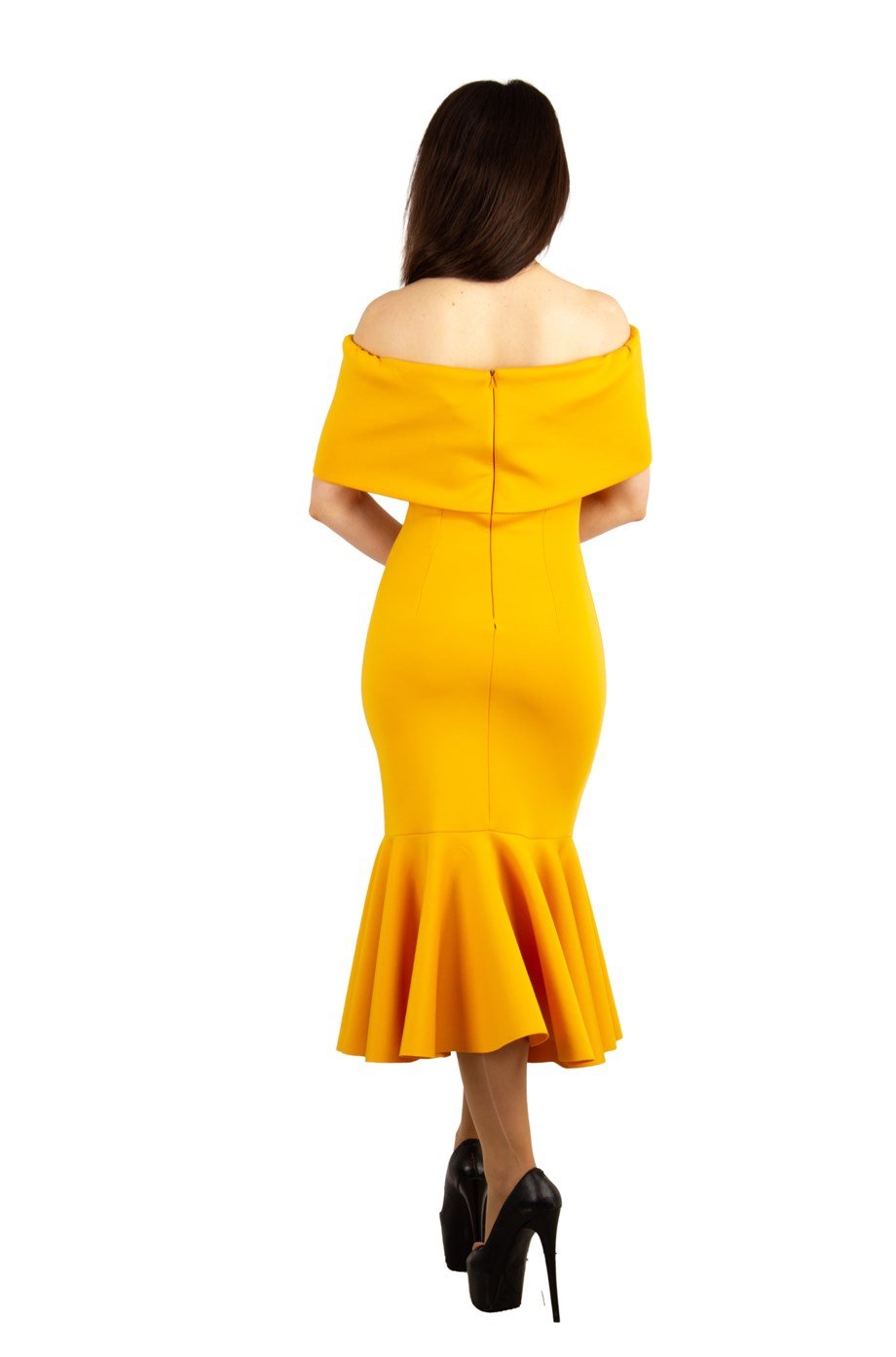 Folded Bow Neck Off Shoulder Ruffle Hem Scuba Dress - Mustard