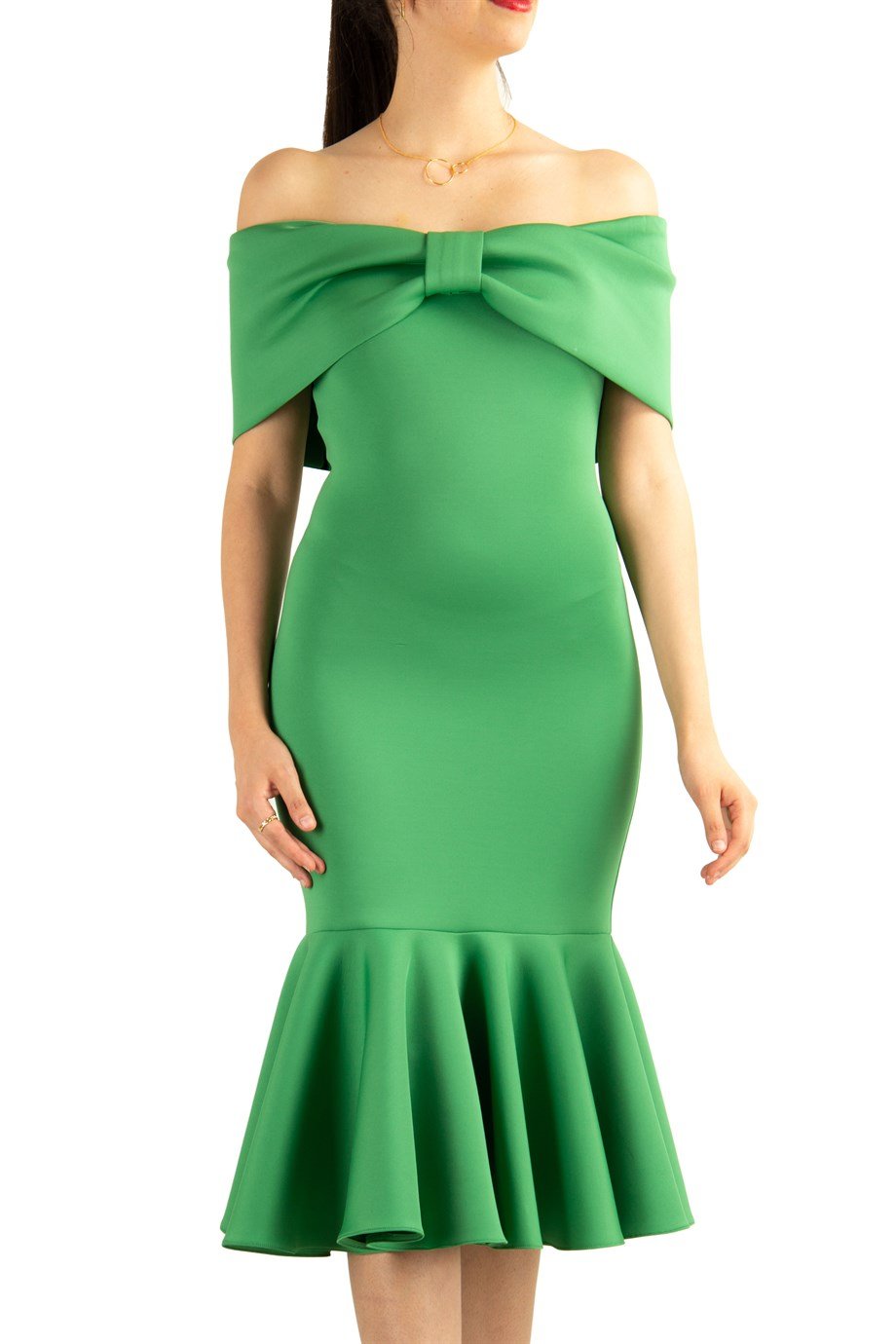 Folded Bow Neck Off Shoulder Ruffle Hem Scuba Dress - Grass Green
