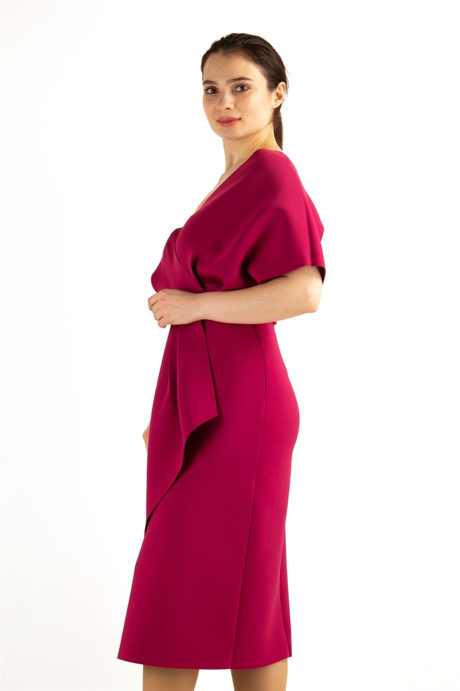 Frilled Drape Scuba Dress - Maroon