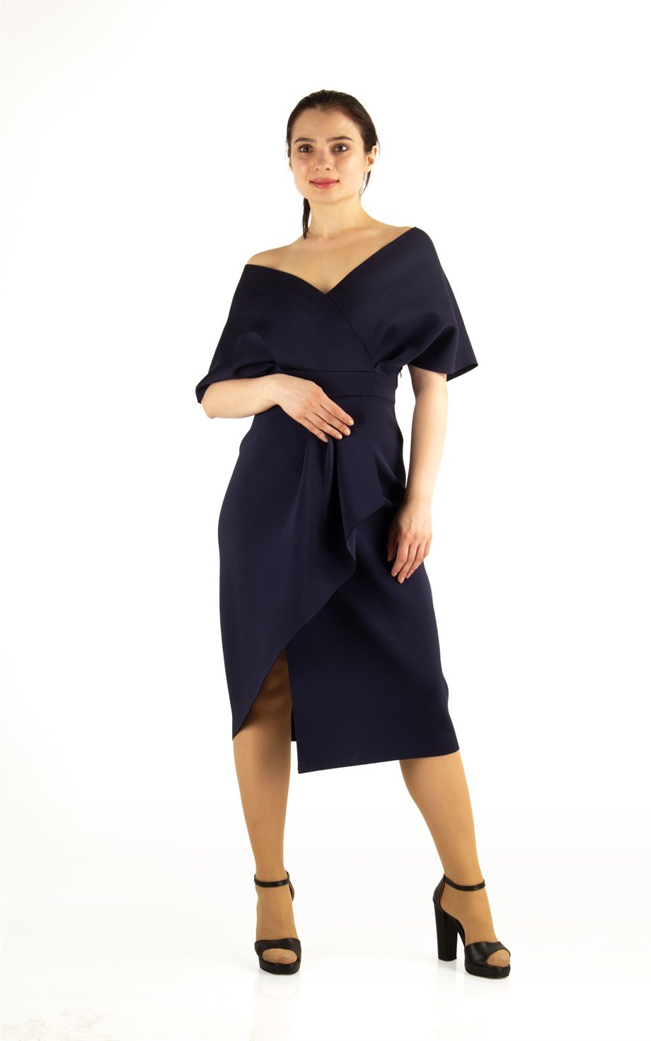 Frilled Drape Scuba Dress - Navy Blue