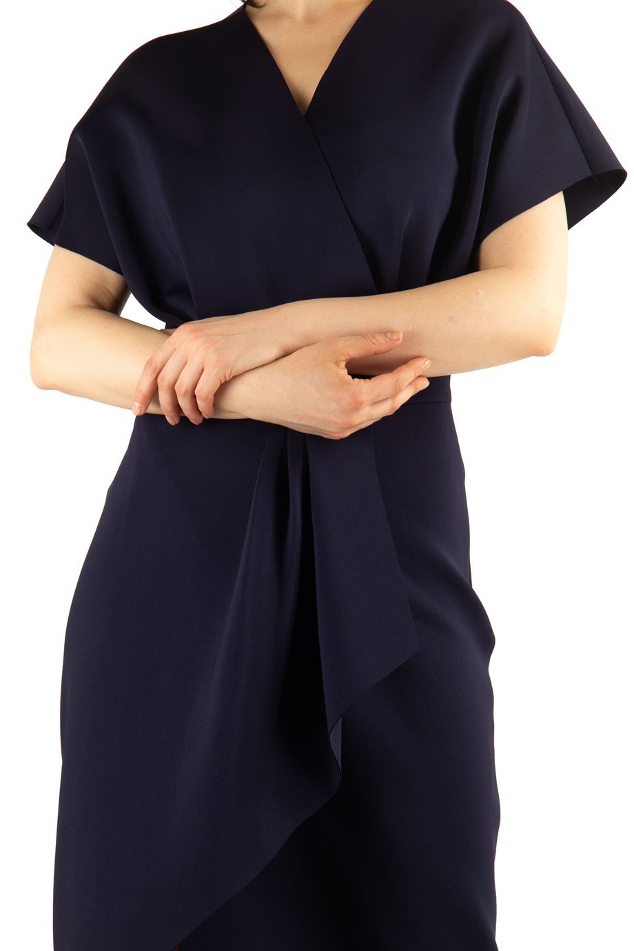 Frilled Drape Scuba Dress - Navy Blue