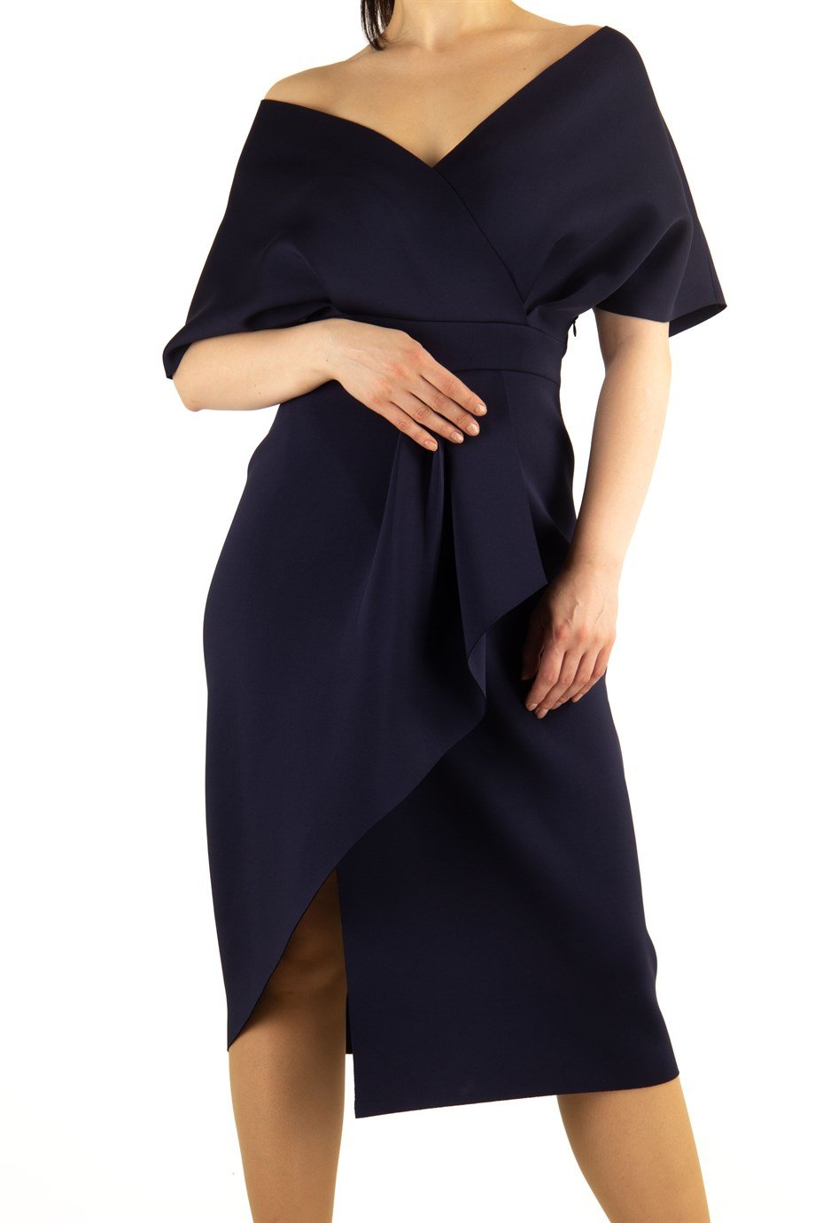 Frilled Drape Scuba Dress - Navy Blue