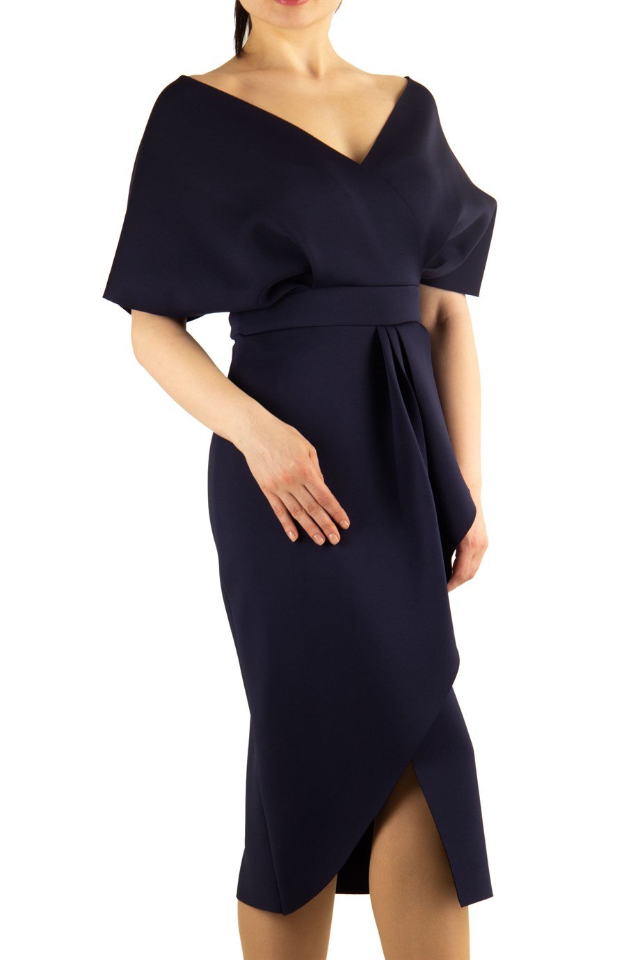 Frilled Drape Scuba Dress - Navy Blue