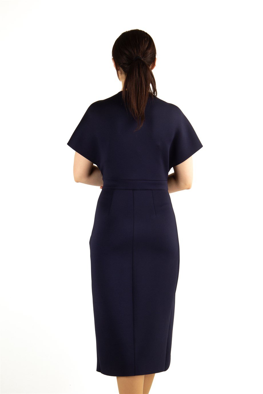 Frilled Drape Scuba Dress - Navy Blue