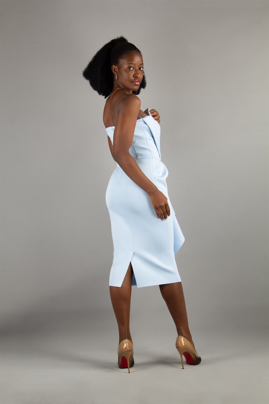 Front Detailed Draped Scuba Dress - Baby Blue