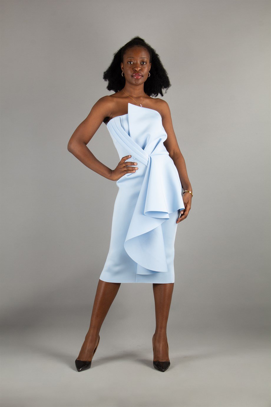 Front Detailed Draped Scuba Dress - Baby Blue