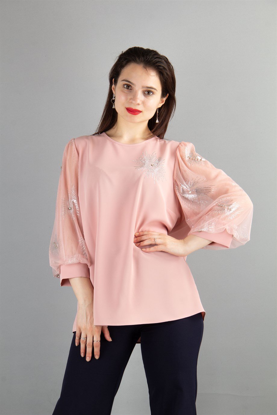 Glinding Pattern Tulle Sleeve Blouse - Powder