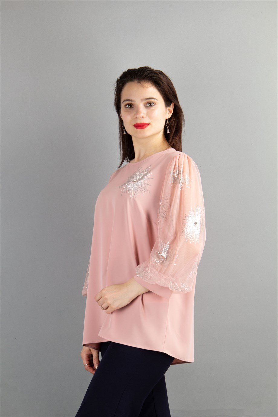 Glinding Pattern Tulle Sleeve Blouse - Powder