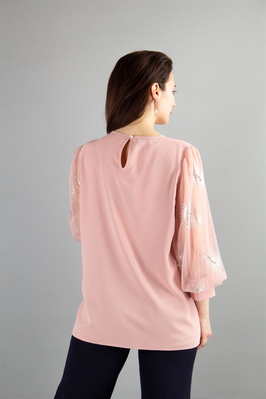 Glinding Pattern Tulle Sleeve Blouse - Powder