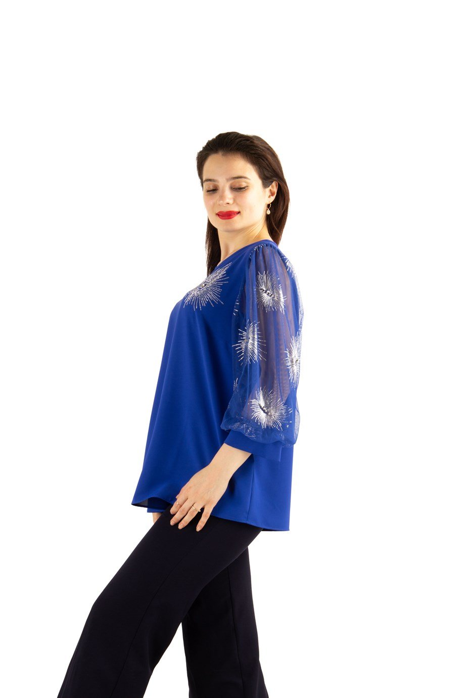 Glinding Pattern Tulle Sleeve Blouse - Saxe