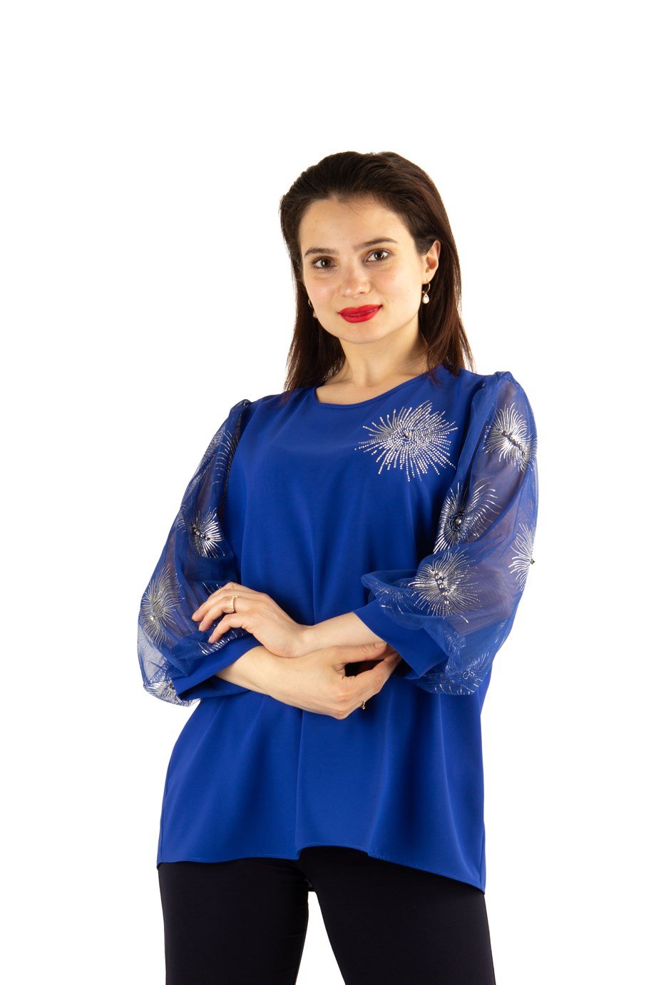 Glinding Pattern Tulle Sleeve Blouse - Saxe