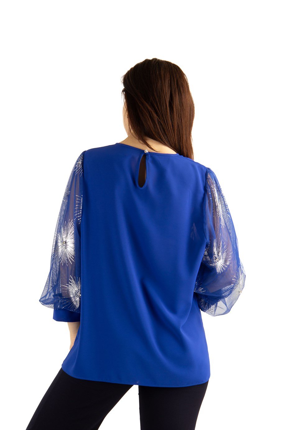 Glinding Pattern Tulle Sleeve Blouse - Saxe