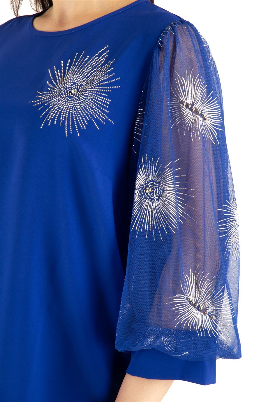 Glinding Pattern Tulle Sleeve Blouse - Saxe