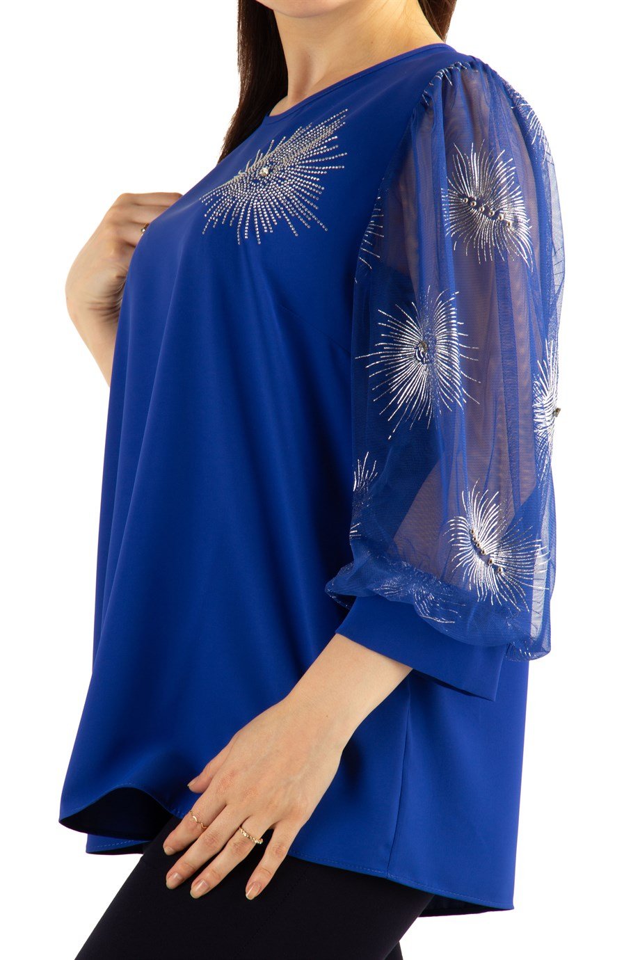 Glinding Pattern Tulle Sleeve Blouse - Saxe