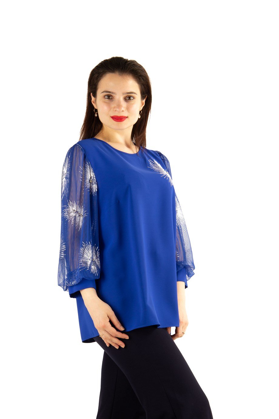 Glinding Pattern Tulle Sleeve Blouse - Saxe
