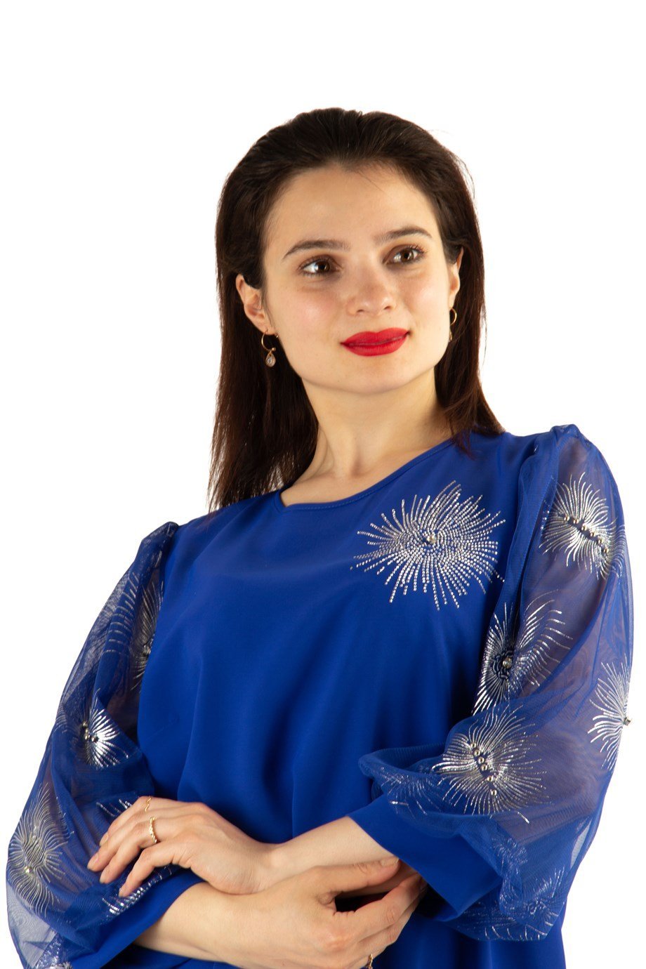 Glinding Pattern Tulle Sleeve Blouse - Saxe