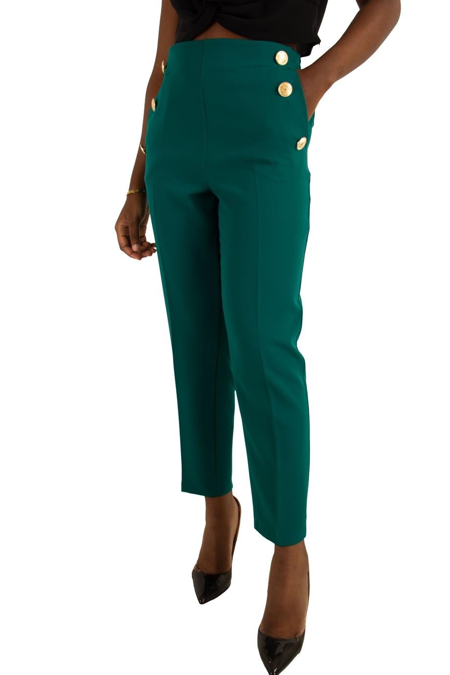 Gold Buttons High Waist Pencil Pant Big Size - Emerald Green