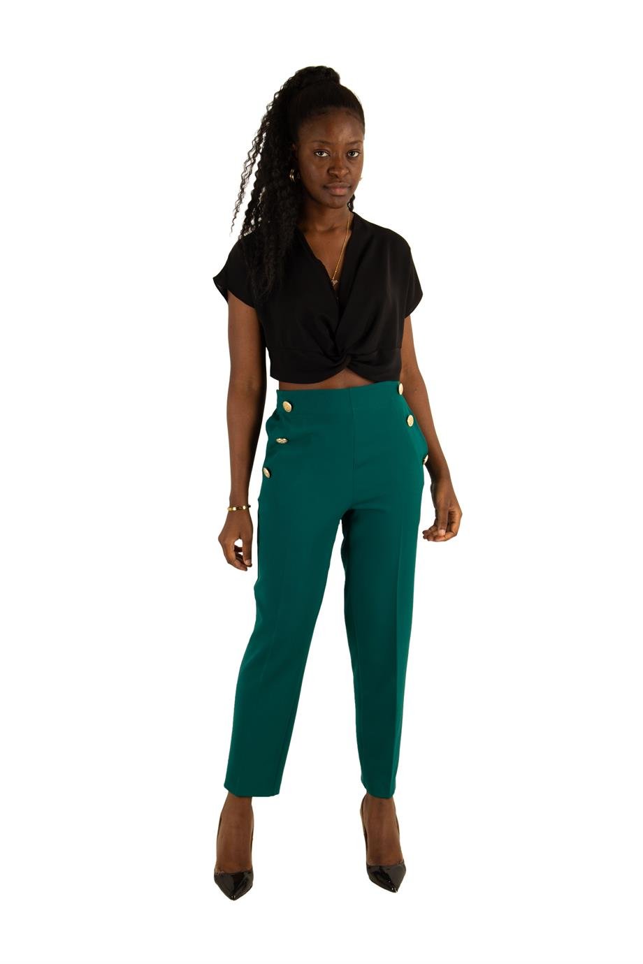 Gold Buttons High Waist Pencil Pant Big Size - Emerald Green